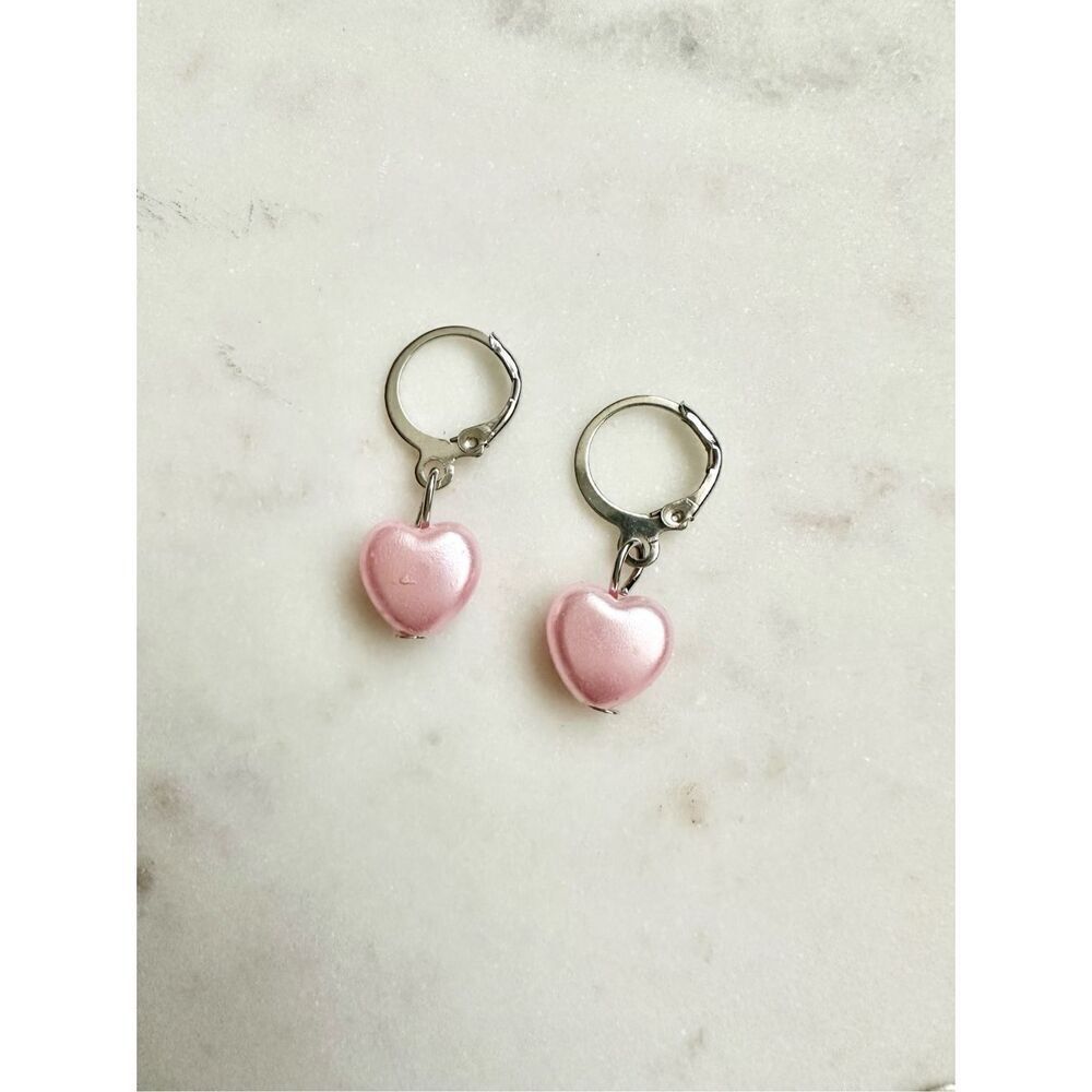 Pink bow pearl heart dangle earrings